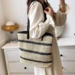 Striped Crochet Craft Straw Bag Large Capacity - Image 6