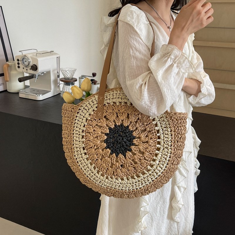 5ba654d5-5ca7-455c-85e6-a310d116a24b.jpg Color Crochet Round One Shoulder Straw Bag - Image 1