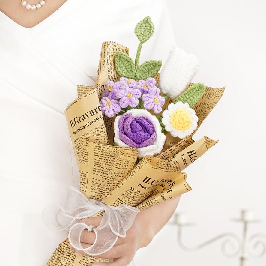 9c3ea31b-5ab9-40b5-b13f-10517b496bbf.jpg Creative Hand Weaving Knitted Finished Product Wool Flowers Bridal Bouquet - Image 1