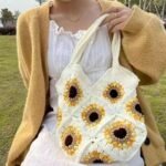 Hand-woven Bag Wool Crochet Cute Sunflower Since Shoulder Tote - Image 5