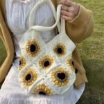 Hand-woven Bag Wool Crochet Cute Sunflower Since Shoulder Tote